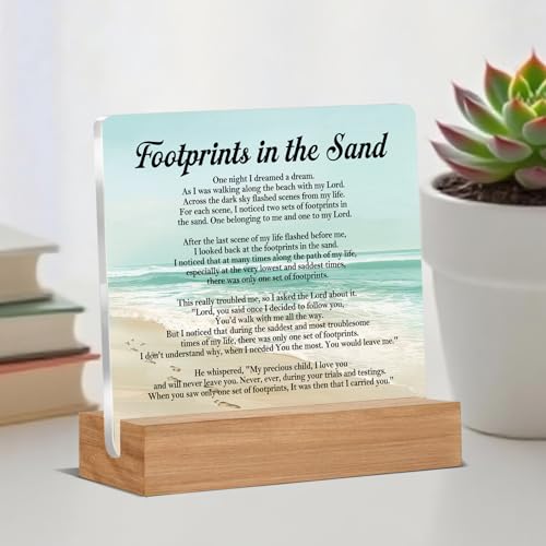 Christian Religious Gifts for Friends Coworkers, Footprints in the Sand Office Acrylic Desk Decor, Motivational Gifts for Women Men Besties