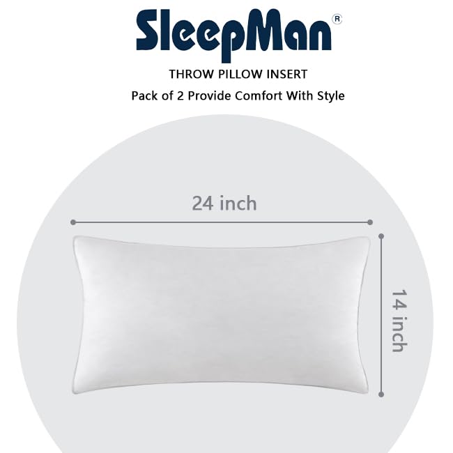 SleepMan Throw Pillow Inserts 14" x 24" (Pack of 1, White) Down Feather Pillow Stuffer Premium Decorative Pillows for Sofa Couch Bed