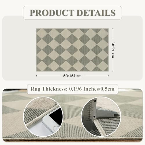 Checkered Print Bedroom Area Rug 3x5, Non Slip Ultra Thin Washable Entryway Rug Low Pile Soft Bathroom Rugs Green, Moroccan Farmhouse Trellis Throw Rugs for Kitchen Office Kids Room