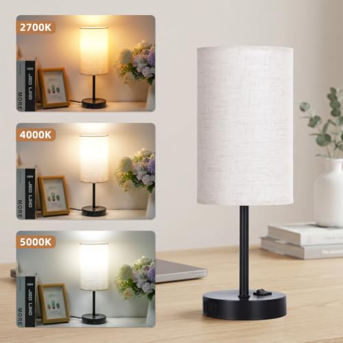 ZJOJO Table Lamp for Bedroom Set of 2, Bedside Small Lamps with 3 Way Dimmable Rocker Switch and AC Outlet, Nightstand Desk Lamp with Flaxen Fabric Shade Black Base for Living Room Home Decor Lights