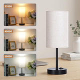 ZJOJO Table Lamp for Bedroom Set of 2, Bedside Small Lamps with 3 Way Dimmable Rocker Switch and AC Outlet, Nightstand Desk Lamp with Flaxen Fabric Shade Black Base for Living Room Home Decor Lights