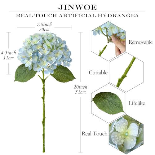 JINWOE Light Blue Hydrangea Artificial Flowers,4Pcs 20" Real Touch Lifelike Silk Artificial Hydrangeas, Full Fake Flowers for Bouquet Table Centerpieces Spring Wedding Indoor Home