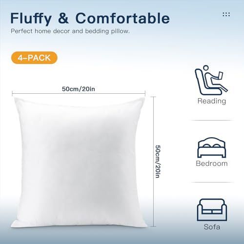 OTOSTAR Set of 4 Pillow Inserts 20x20 Inch, Decorative Square Throw Pillow Inserts, Premium Fluffy Pillow Forms Sham Stuffer for Sofa Bed Couch Living Room- Indoor