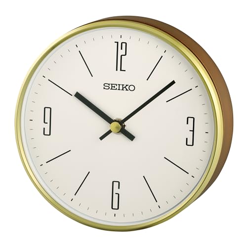 SEIKO QXG158GLH Round Wood Case Desk/Table Clock, Gold, 6 x 6 Inches
