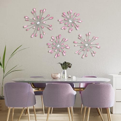 Hicarer 4 Pcs Starburst Wall Decor Bling Wall Art Crystal Teardrop 3D Hanging Rhinestone Radial Metal Artwork Modern Accent Sculptures Decorations for Living Room Home Office Bedroom(Pink)