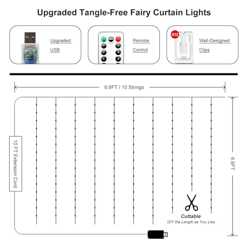 Fairy Curtain Lights Upgraded Tangle-Free Warm White USB Plug in 8 Modes String Hanging Lights with Remote for Christmas, Bedroom, Indoor, Outdoor, Weddings, Party (6.6FTx6.6FT)