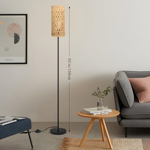 Floor Lamp for Living Room,Farmhouse Rattan Floor lamp,Modern Standing lamp with Hand-Worked Rattan Shade,Black Tall Lamp with Foot Switch for Bedroom,Kids Room,Office,LED Bulb is Included.