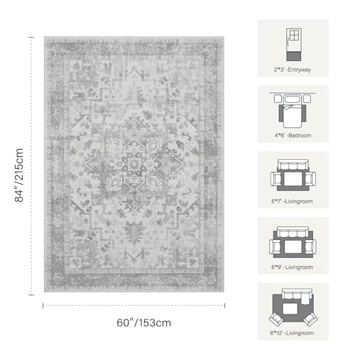 5X7 Washable Area Rug for Living Room, Light Grey