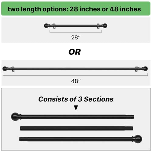 Curtain Rods for Windows 28 to 48 inch, 5/8 inch Black Curtain Rod Set with Brackets, Splicing Adjustable Metal Drapery Rod for Bedroom, Kitchen, Living Room, Matte Black