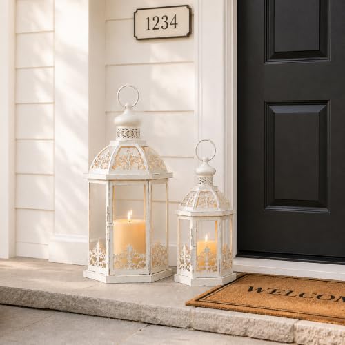 Lanterns Decorative Outdoor&Indoor, Set of 2 (15"&11") Beige Metal Lantern Decor with Glass, Candle Holder for Porch, Patio, Garden, Fall, Wedding, Christmas, Table Centerpiece