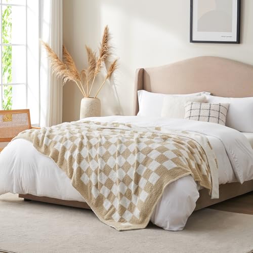 Snuggle Sac Checkered Bedding Blanket Twin Size 60x80, Super Soft, Cozy Warm Knit Blankets, Reversible Breathable Lightweight Fluffy Throws for Sofa, Bed, Checkered Beige, 60x80 Inches