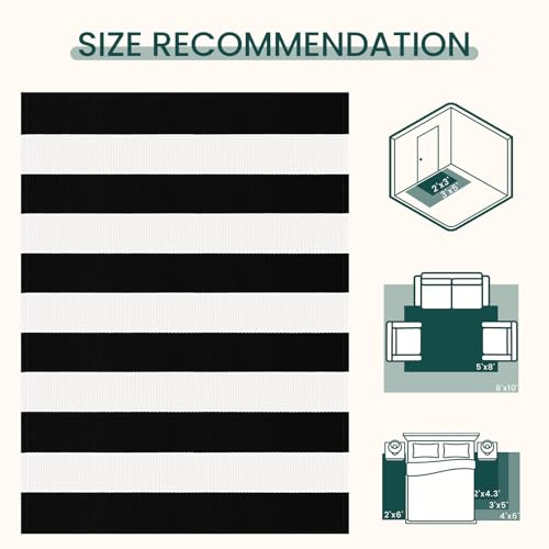KOZYFLY Black White Striped Runner Rug 2x6 ft Woven Washable Hallway Runner Cotton Farmhouse Kitchen Rug for Entryway Porch Patio Laundry Room