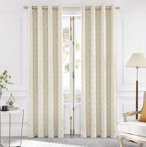 Beauoop 100% Blackout Curtains 84 Inches Long for Bedroom Living Room Moroccan Gold Patterned Drapes Thermal Insulated Grommet Top Window Treatment Panels Set of 2, Beige/Gold