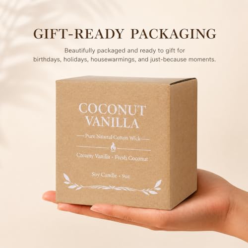 Coconut Vanilla Candle, 9 oz Soy Coconut Wax Scented Candle for Home, Vanilla Coconut Aromatherapy Candle, Clean Burning Jar Candle for Bedroom Bathroom Spa, Candle Gifts for Women Men
