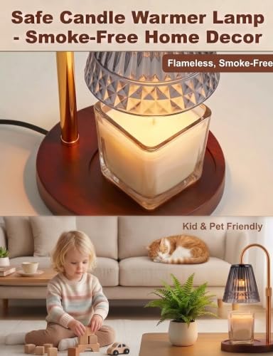 Candle Warmer Lamp with Timer & Dimmer, Adjustable Height Glass Candle Lamps for Jar Candles, Smoky Grey Shade Brass Electric Wax Melter with 4 Bulbs (2 Pack)