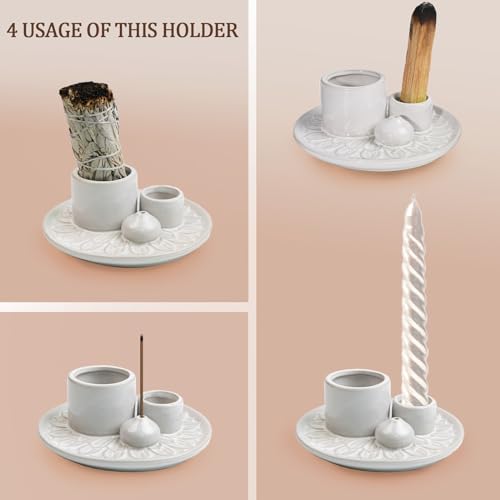 4 in 1 Incense Burner Holder,Sage Holder for Burning,Palo Santo Holder,Candle Holder,Ceramic Incense Burner Ash Catcher Tray for Meditation Yoga Room