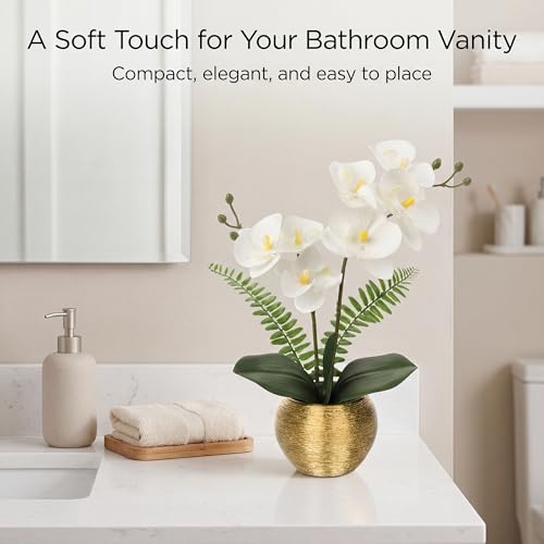Briful Artificial Orchid Flowers in Gold Ceramic Pot, 13" Small White Faux Phalaenopsis Orchid Floral Arrangement Fake Silk Orchid for Bathroom Vanity Office Desk Shelf Nightstand Home Table Decor
