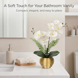 Briful Artificial Orchid Flowers in Gold Ceramic Pot, 13" Small White Faux Phalaenopsis Orchid Floral Arrangement Fake Silk Orchid for Bathroom Vanity Office Desk Shelf Nightstand Home Table Decor