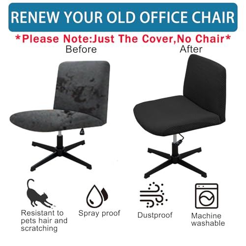 Vanity Chair Cover Criss Cross Chair Cover Waterproof and Elastic Armless Chair Slipcover Armless Chair Covers Office Chair Covers (Black,Just The Cover,No Chair)