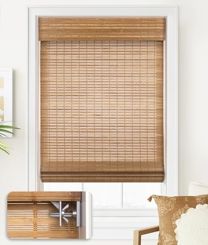 LazBlinds No Tools No Drill Cordless Bamboo Roman Shades, Light Filtering Window Treatment, Roll Up Bamboo Blinds for Window 34'' W x 64'' H, Squirrel