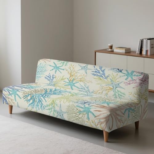 Starfish Armless Futon Cover Elastic Futon Couch Cover Replacement Removable Couch Slipcover Non-Slip Furniture Protector for Coastal Theme Living Room Hotel