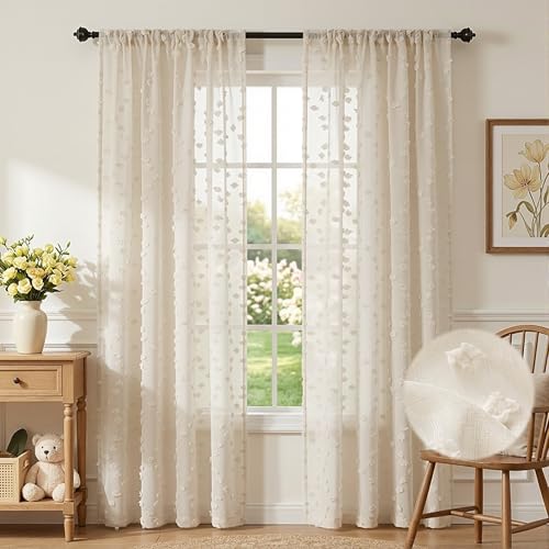 MYSKY HOME Beige Sheer Curtains for Bedroom Living Room with Pom Pom 84 Inches Long Light Filtering Cream Boho Drapes for Girls Nursery Kids Room Window, Rod Pocket, 52" Wide, 2 Panels