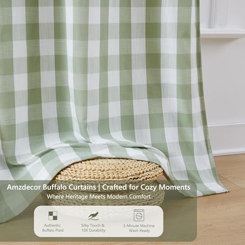 Amzdecor Sage Green White Buffalo Plaid Full Blackout Curtains 84 Inch for Bedroom Living Room Farmhouse Check Patterned Drapes Thermal Insulated Soundproof Grommet Window Treatment, 2 Panels, 40"x84"
