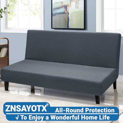 Stretch Fit Futon Cover (67"-82") Armless Futon Sofa Bed Slipcover with Elastic Band, Universal Foldable Sofa Mattress Protector Full Queen Size, Washable Comfort Jacquard (Dark Grey)