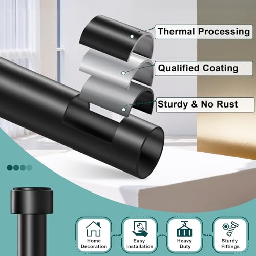 Curtain Rods 72-144 Inch, 1" Heavy Duty Adjustable Curtain Rod for Windows, Black Extra Long Window Treatment Rod, Modern Design, Easy Installation