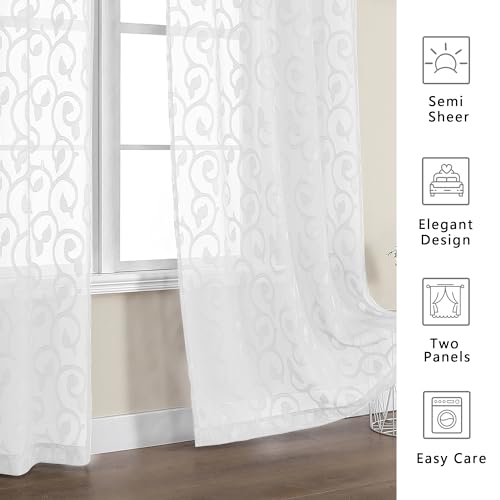 OWENIE Furman Sheer White Curtains 84 inches Long for Bedroom Living Room 2 Panels Set, White Curtains Jacquard Clip Light Filtering Semi Sheer Curtain Rod Pocket Window Drapes, 2 Pcs Each 40 W 84 L