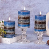 Layered Pillar Candles Set of 3, 3"x 4" Table Decor Blue Coffee