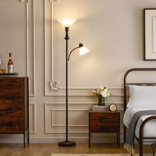 71'' Floor Lamps for Living Room, Tall Floor Lamp for Bedroom with Adjustable Angle Arc Reading lamp, Modern Torchiere Standing lamp with Glass Shade, Knob Switch, Bulb Included, Black