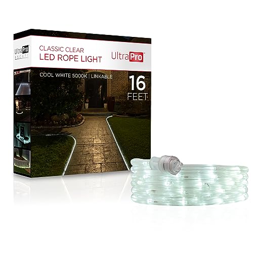 UltraPro LED Rope Lights, 16ft Classic Clear Rope, Cool White Light 5000K, Indoor/Outdoor, Flexible, Linkable, Durable, Rope Lights Outdoor, 54842