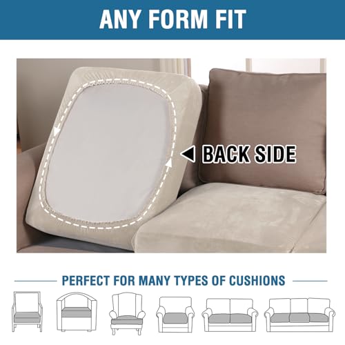 H.VERSAILTEX Velvet Stretch Couch Cushion Cover Plush Cushion Slipcover for Chair Loveseat Sofa Cushion Furniture Protector Seat Cushion Sofa Cover (3 Piece Sofa Cushion Covers, Ivory)