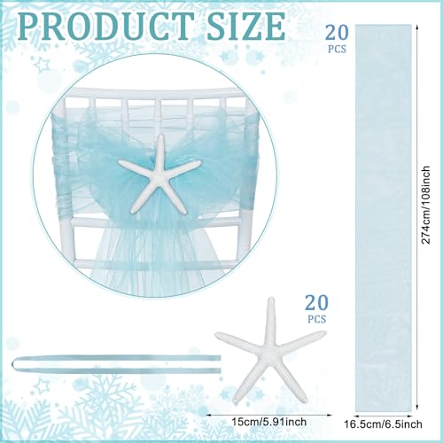 Breling 20 Pcs Coastal Wedding Chair Sashes Light Blue Starfish Beach Chair Covers Bulk 9ft Long Ocean Aisle Decorations for Outdoor Summer Seaside Wedding Party Banquet Reception