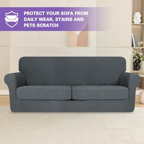 ZNSAYOTX 3 Piece Stretch Sofa Covers (71"-91") for 2 XL Cushion Couch, Thick Striped Sofa Cover with Elastic Band Bottom Ties Non-Slip Stay in Place, Soft Durable Couch Slipcovers, Dark Grey