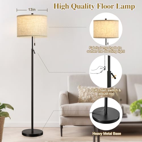 Black Floor Lamp, Height Adjustable Standing Lamp Tall Lamp with Fabric Lampshade&Pull Chain Corner Floor Lamps for Living Room, Bedroom & Office Bulbs Not Included(Black Base)