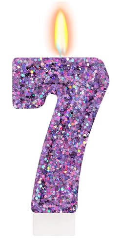 Deep Purple Glitter Birthday Candles for Girls - Number 7 Candle Cake Topper for Kpop Themed Birthday Party Decorations