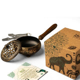 Iron Charcoal Burner with Lid & Wood Handle with Charcoal Tong, 9" Golden Finish, Burner for Incense, Charcoal Burner with Handle, Includes Charcoal Tong