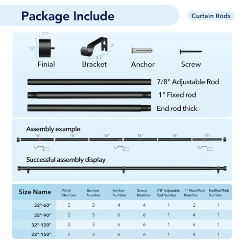 2 Pack Curtain Rods for Windows 28 to 48 Inch(2.3-4ft), 1 Inch Black Adjustable Heavy Duty Curtain Rod Set, Modern Outdoor Drapery Rods for Patio Bedroom, Size 32"- 60"
