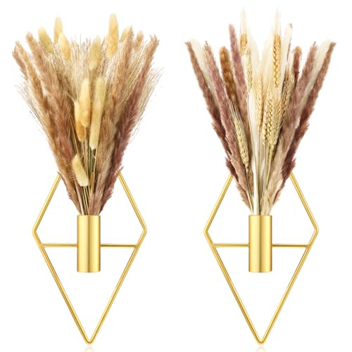 Peryiter 2 Pcs Small Boho Wall Decor Hanging Planters with Artificial Pampas Metal Wall Art Modern Home Decor Display Art for Bedroom Bathroom Living Room(Gold)