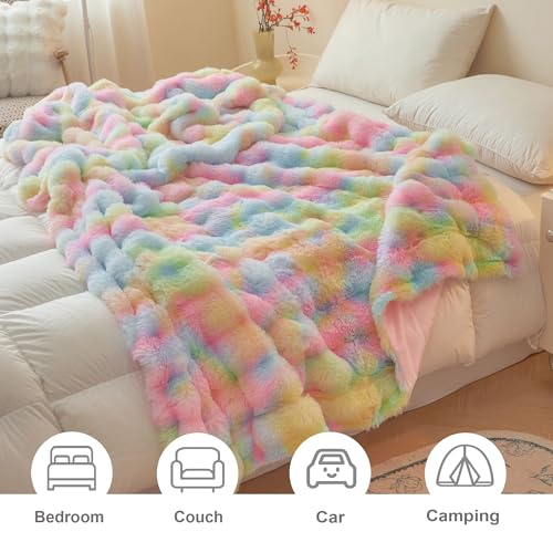 LIFEREVO Fluffy Faux Rabbit Fur Bubble Throw, Rainbow Plush Shaggy Blanket for Couch Sofa Chair, Soft Cute Tie Dye Furry Blanket Adults Kids Girls, Fuzzy Throw for Bedroom Living Room, 50x60, Rainbow