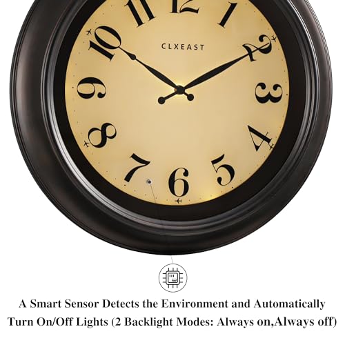 CLXEAST 18 Inch Large Illuminated Wall Clock with AI Smart Night Light Sensor,Modern Farmhouse Wall Clocks for Living Room,Bedroom, Kitchen, Home Office,Oil Rubbed Bronze Black