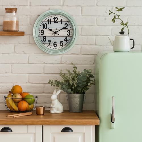 ZENFUN 12'' Rustic Wall Clock, Silent Non Ticking Clock Quartz Wall Clock Battery Operated, Country Style Wall Decoration for Kitchen Living Room Home, Office, School, Large Numbers, Green