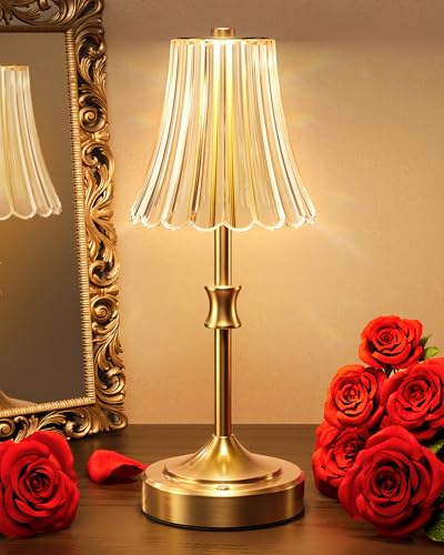 JACKYLED Vintage Cordless Table Lamp, Acrylic Crystal Flower Lamp Shade, 3 Colors Dimmable LED Golden Lamp, 5000Capactiy powerOperated Rechargeable Lamp for Kitchen Counter Home Decor