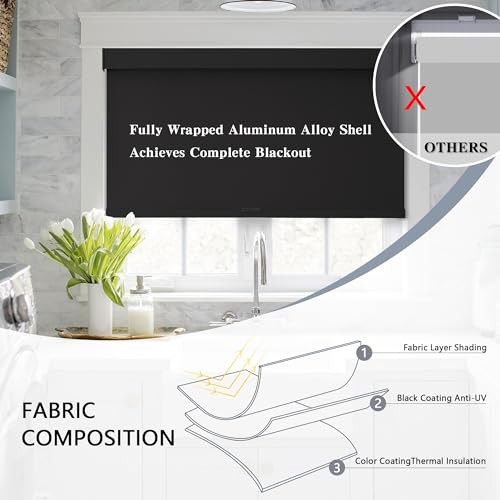 AOSKY Blackout Roller Shades Cordless Blinds for Windows, Free-Stop Shades with Valance, Thermal Insulated Fabric, UV Protection, Natural Woven Blinds for Home and Office (34" W x 72" H, Black)