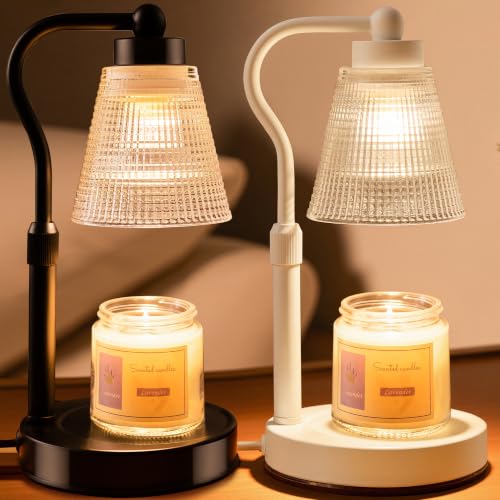 Candle Warmer Lamp for Jar Candles, Height Adjustable & Dimmable with 2/4/8H Timer, 2*50W Halogen Wax Melter Warmer for Home Office Décor, Flameless & Smokeless, Gift for Women Mom, Black-White/2 Pack