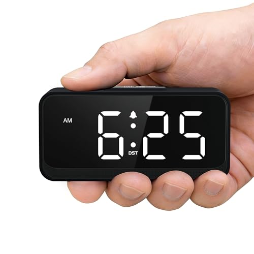 Battery Operated Small Alarm Clock: Digital Compact Large Display Cordless Clock for Bedroom Travel - Simple to Use for Seniors Teens White Digits