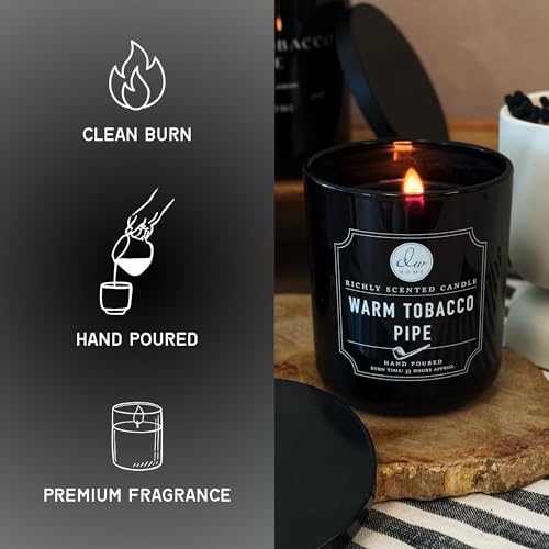 DW Home Warm Tobacco Pipe Scented Candles, 9 oz Single Wick Medium Jar, Up to 33 Hour Burn Time, Strong Long Lasting Woodsy Fragrance, Gifts for Men & Women