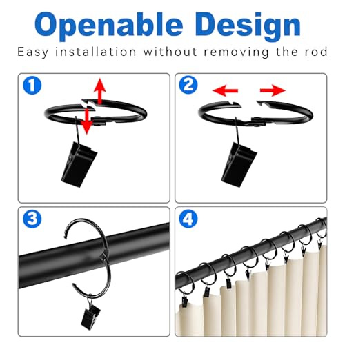 24 Pack 2 Inches Openable Curtain Rings with Clips, Drapery Metal Clip Iron Drapes Hangers Decorative for Windows Rods Rustproof, Black